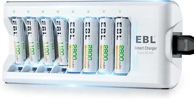 EBL Mise à jour 8 Chargeur de batterie à fente avec 4 AA 4 AAA Batteries, charge individuelle intelligente pour Ni-MH Ni-CD, 1.2V DC Produit