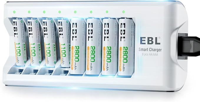 EBL Upgraded 8 Slot Battery Charger with 4 AA 4 AAA Batteries, Smart Individual Charging for Ni-MH Ni-CD, 1.2V DC Output