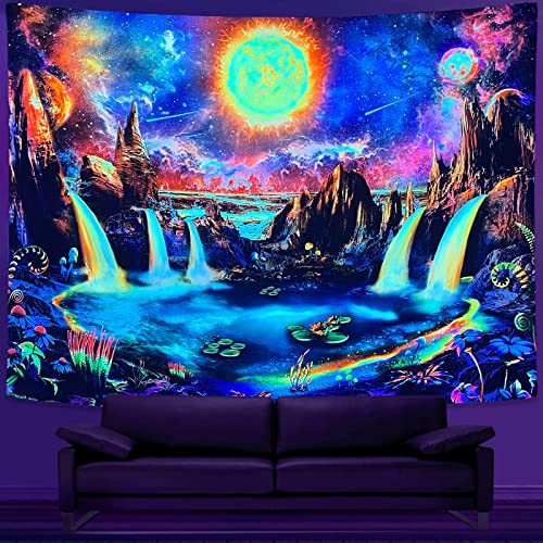 Kanuyee Blacklight Galaxy Tapestry, Burning Sun Space Mountain Lake Landscape Tapestries For Bedroom Waterfall Mysterious Plants Wall Hanging (Blacklight, 44"×60" (112.5×150Cm)) #TOP6