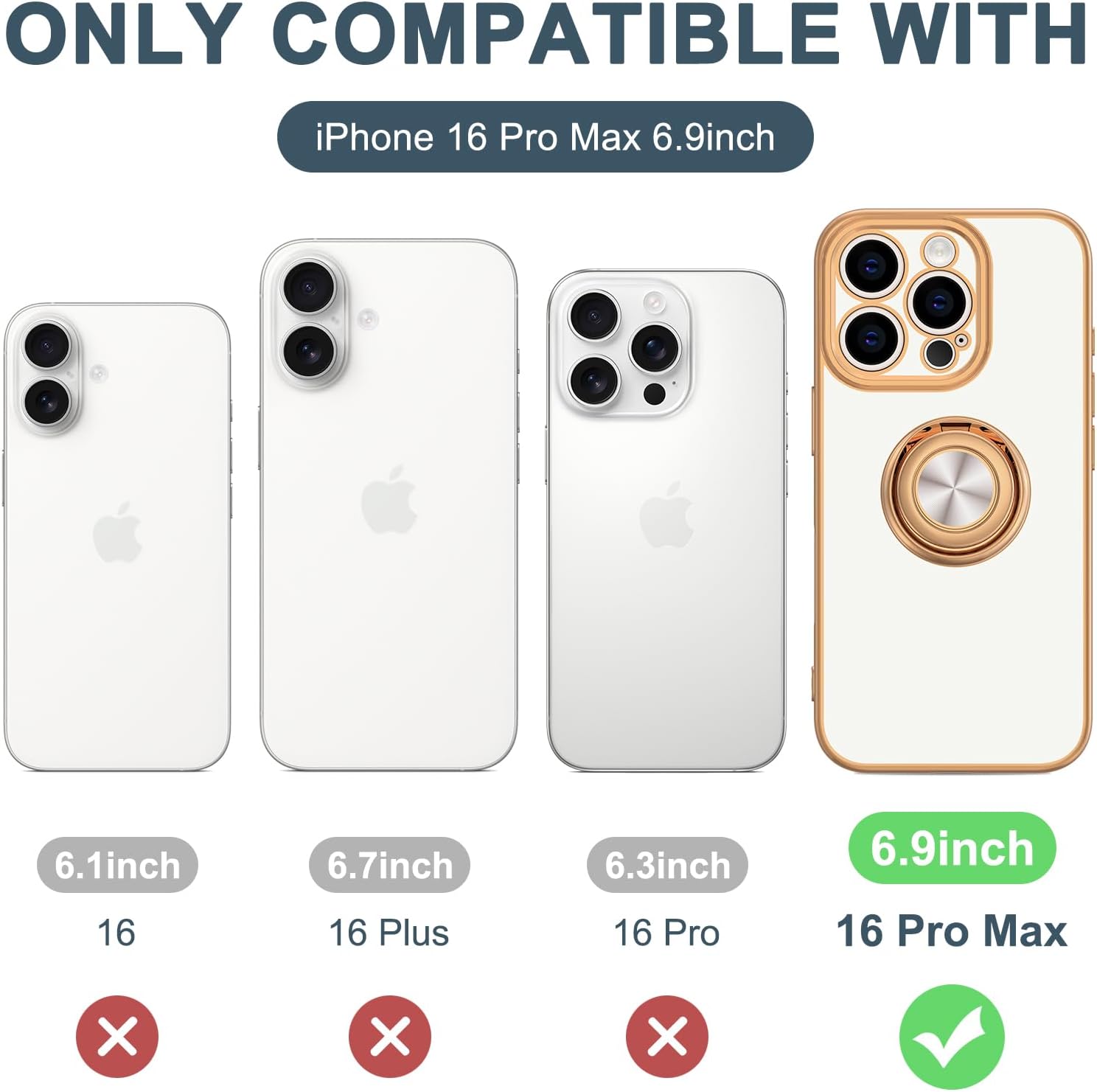 Hython for iPhone 16 Pro Max Case with Ring Stand, 360° Rotatable Ring Holder Magnetic Kickstand, Plating Rose Gold Edge Soft Cover Protective Phone Case for iPhone 16 Pro Max 6.9", White - Image 7