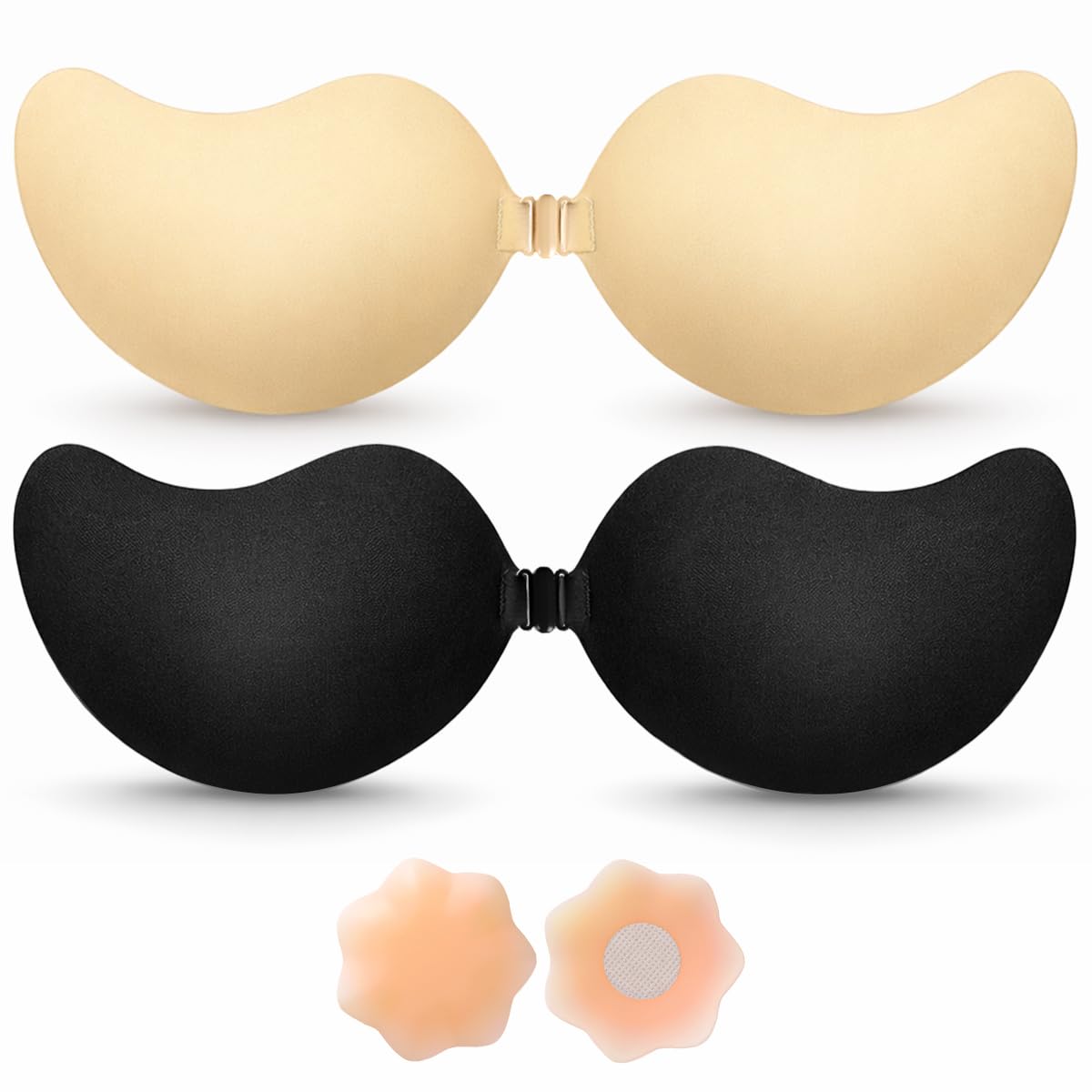BLOOMORA Sticky Bra Push Up – Backless, 2 Pair Invisible Adhesive Strapless Bra with Clip - A-D Cup