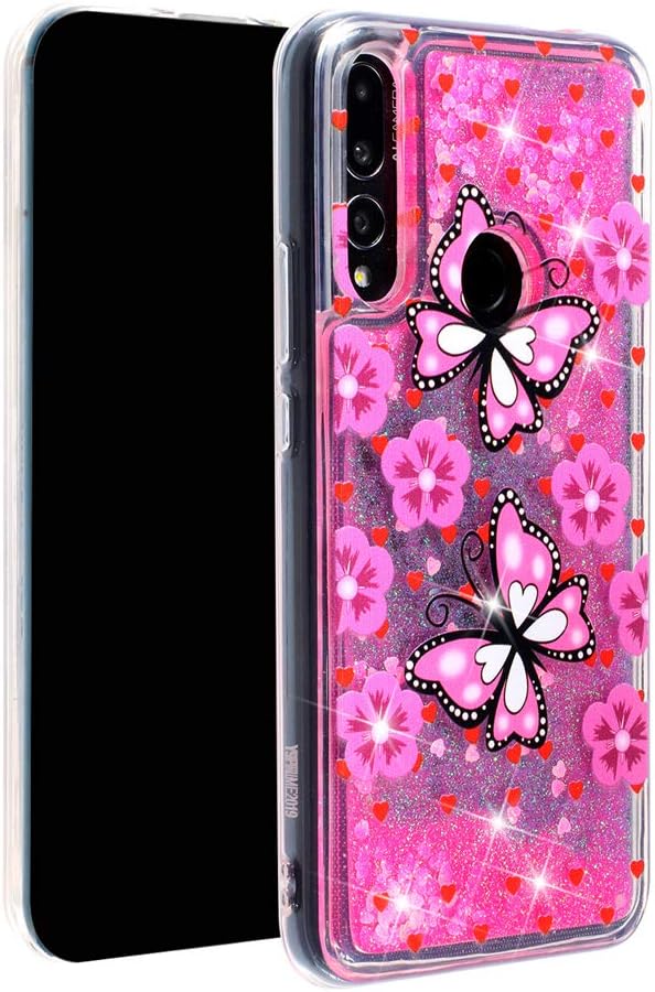 HMTECHUS Huawei P Smart Z case Glitter Liquid Sparkle Floating Shiny Quicksand Clear Soft TPU Silicone Shockproof Protective Bumper Thin Cover Skin for Huawei P Smart Z Bling Pink Butterfly XY