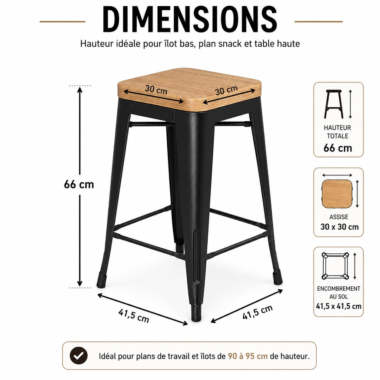 Kosmi Lot de 4 Tabourets de Bar Industriels 66 cm – Structure en Métal Noir Mat, Assise en Bois Clair, Style Loft Vintage, Cuisine, Îlot Central, Bar, Restaurant, Montage Facile