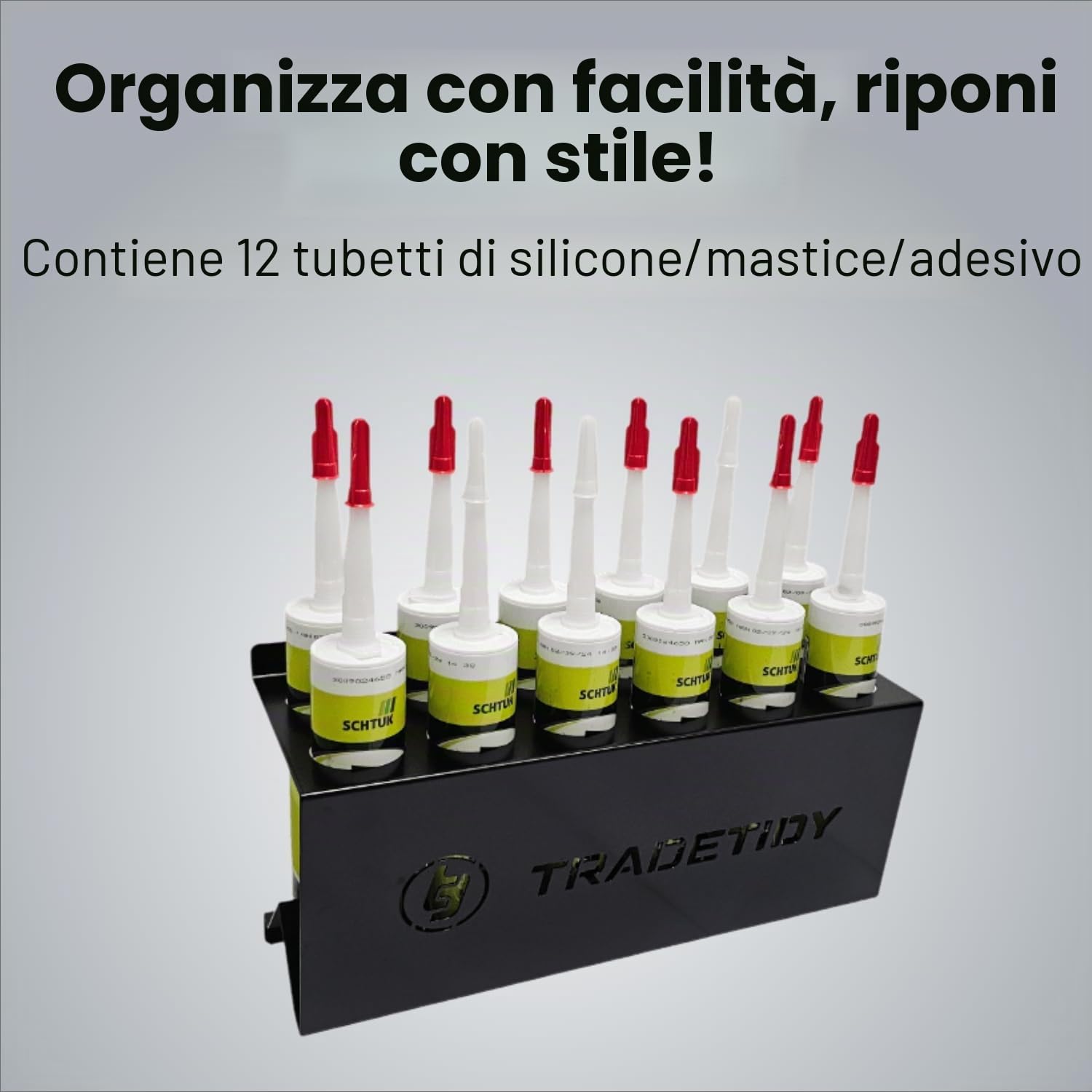 TradeTidy - Supporto per tubo sigillante in silicone, 12 tubi, in acciaio, 396 mm, colore: nero
