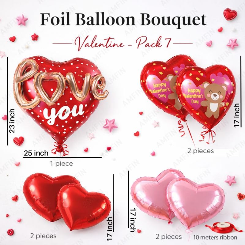 Image of AMFIN (Pack of 7) Happy Valentine's Day Foil Balloon Bouquet 3D Love you Heart Romantic Decoration Item - Red Pink
