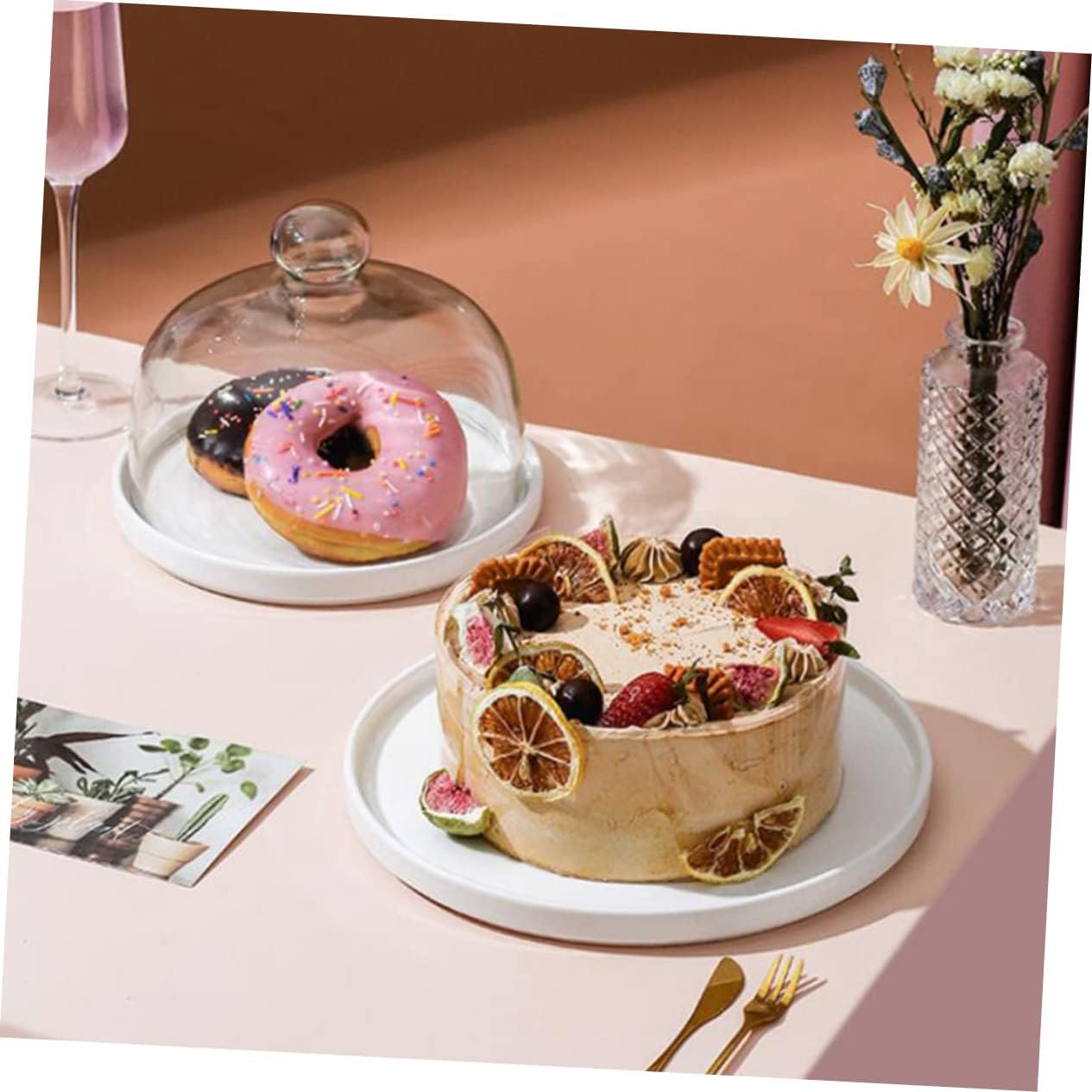 Elegant Household Ceramic Cake Stand with Transparent Glass Cover Dessert Plate for Parties Family Gatherings Pool Celebrations Keeps Cakes Fresh
