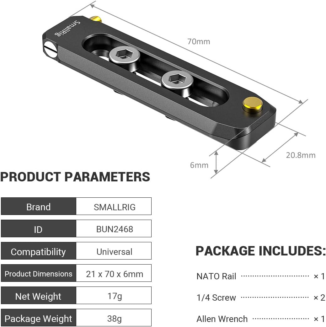 SMALLRIG Universal Low-Profile Quick Release NATO Rail Safety Rail 70mm/2.8inches Long with 1/4'' Screws for NATO Handle Camera Cage EVF Mount – BUN2483 - Image 7
