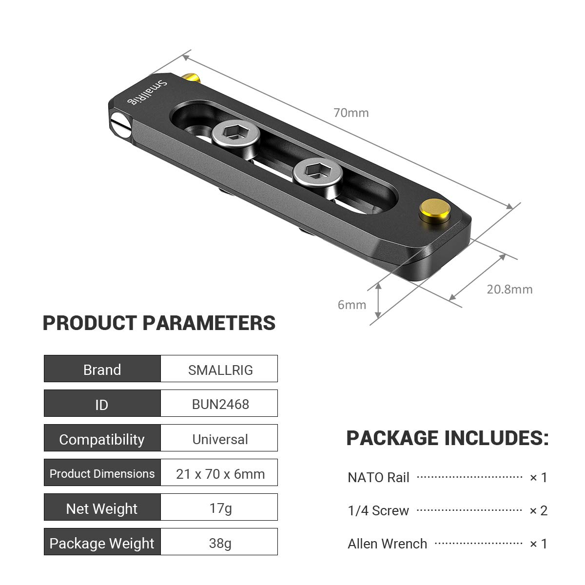 SMALLRIG NATO Rail (70mm) con Perni di Sicurezza - 2483B