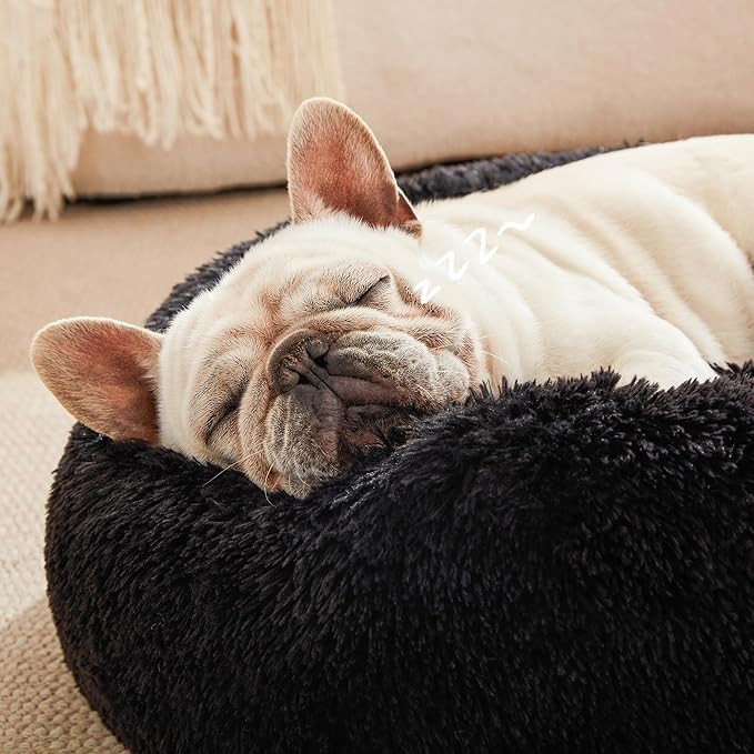 Image of ZEXSAZONE Summer Round Donut Calming Dog and Cat Bed, Anti-Anxiety Warming Soft Fluffy Faux Fur Plush Cushion for Medium Dogs, Cats & Puppies, Black Medium