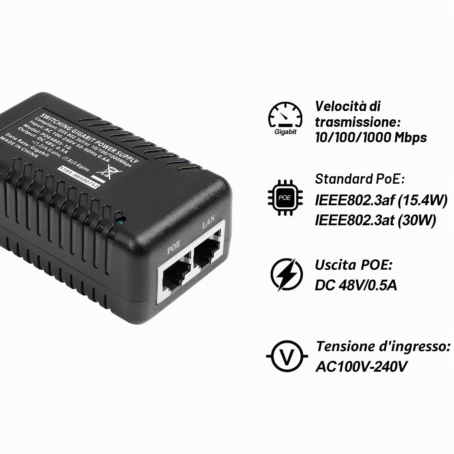 Revotech Iniettore Poe Gigabit 48V, Uscita Poe 48V/0,5A con Cavo UE, IEEE 802.3af/at Poe+ Passivo 10/100/1000Mbps, Distanze Fino a 100M, Adattatore Poe Plug And Play (POE4805-G)