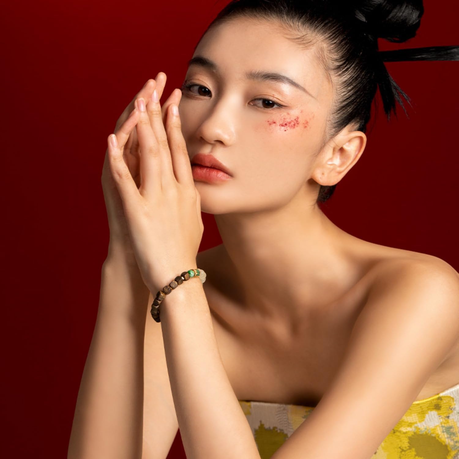 S925 Sterling Silver Jadeite Bracelets, Kyara Agarwood Bracelet with Red Agate Pearl Green Square Beads Hetian Jadeite Old-Cut Beaded - Image 3