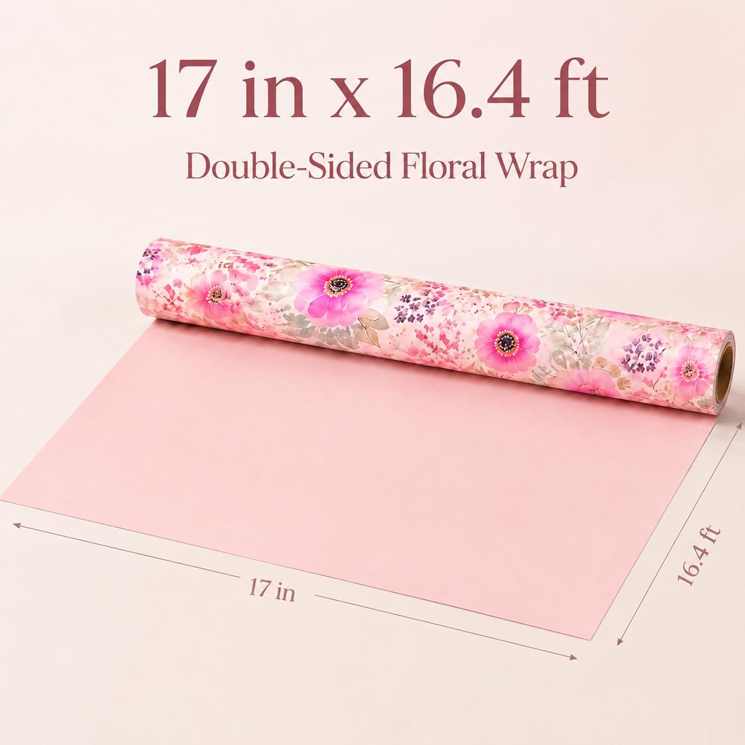 Ulmasinn Pink Floral Wrapping Paper Roll, Reversible Watercolor Flower Gift Wrap, 17in x 16.4ft Thick Wrapping Paper for Mother's Day, Birthday, Wedding, Bridal Shower, Baby Shower, Spring Gifts for Women Girls