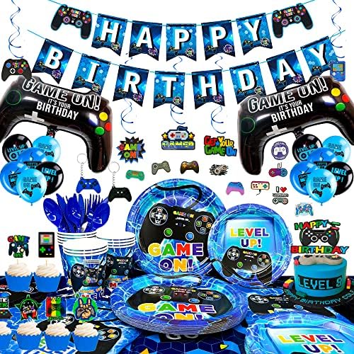 213 Pcs Video Gamer Birthday Party Decorations & Video Game Party Supplies Set Includs Video Game Party Plates Cups Napkins Tablecloth Banner Balloons ect Game Themed Party Decorations,16 Guests