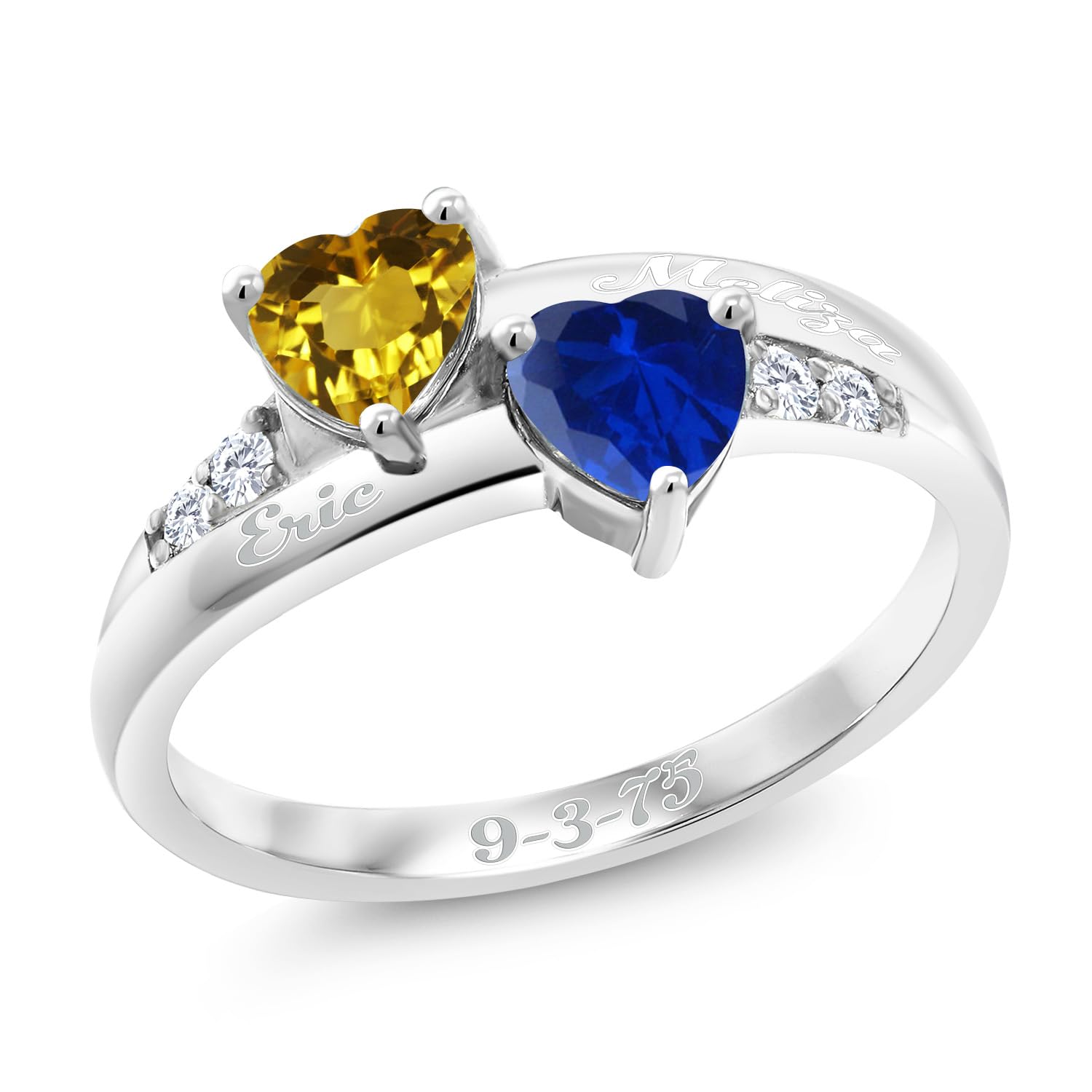 Gem Stone King Customized Personalized Engraved 2-Stone Ring For Women | 925 Sterling Silver | 5MM Heart Shape | Gemstone Birthstone and Lab Grown