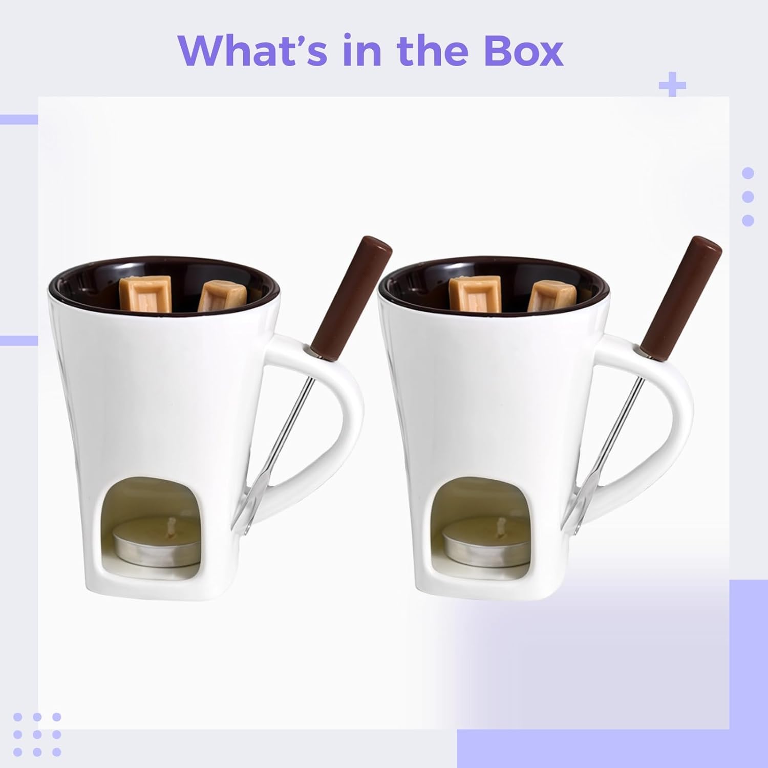 Fondue Mugs 2 Pcs, Ceramic Chocolate Mug Cup With Candle And Forks Heater, 4.5 Oz / 130 Ml Capacity, White Design Modern, Ideal For Melting Caramel Cheese Chocolate