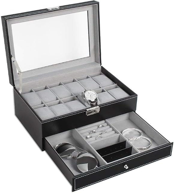 HAITRAL Watch Box, 12-Slot PU Leather Jewellery Display Case with Key Lock Mens Watch Case with Glass Lid, Gifts for Men and Women, Black