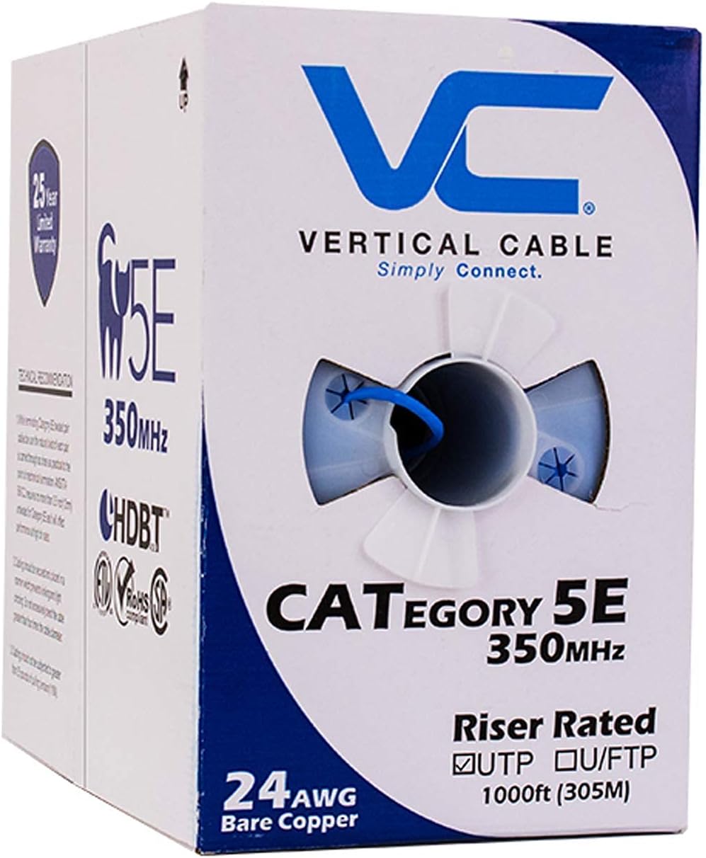 Vertical Cable Cat5e, 350 MHz, UTP, 24AWG, 8C Solid Bare Copper, 1000ft, Bulk Ethernet Cable - 151 Series, Blue