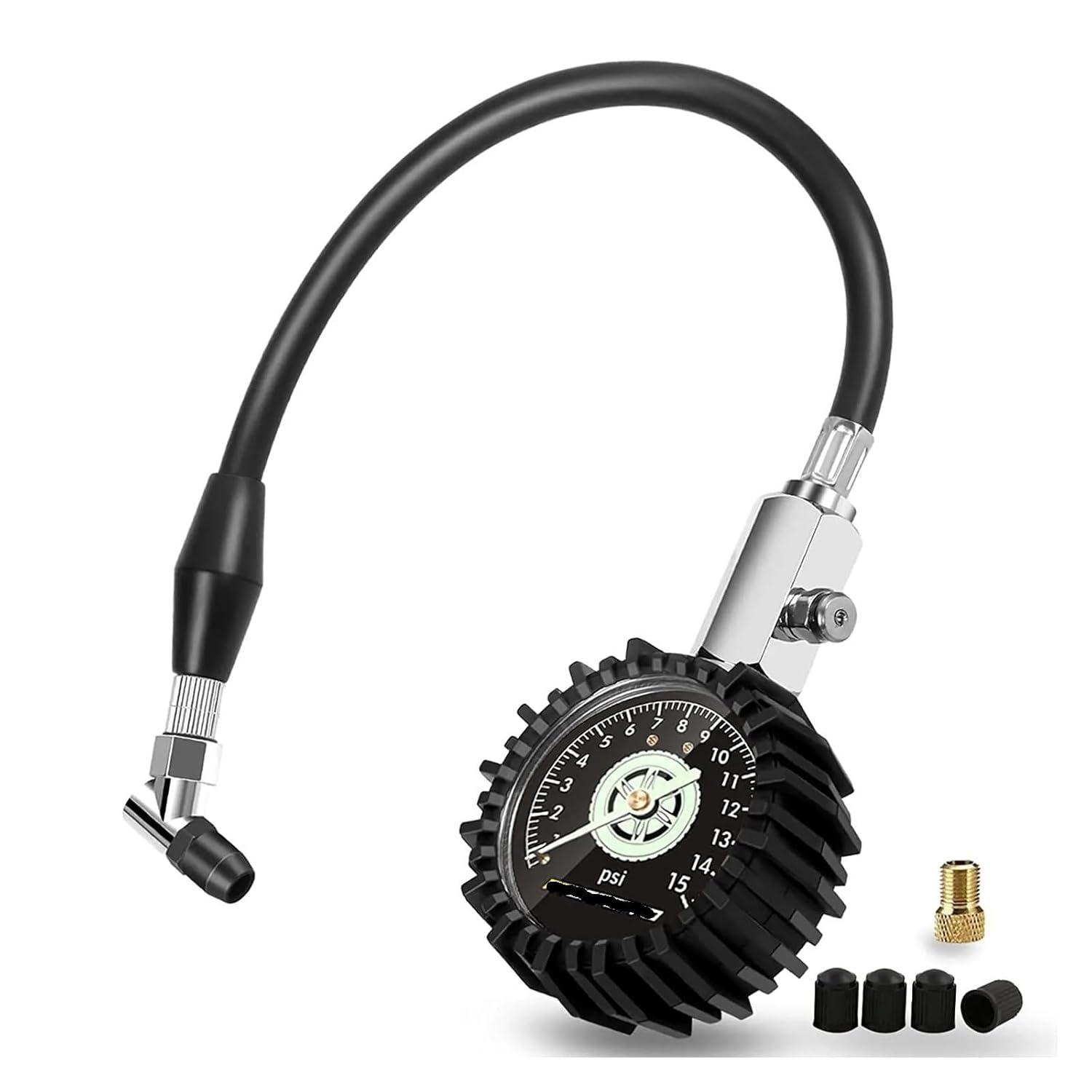 TPMS ATsafepro Tire Pressure Gauge 100 PSI 30 PSI 15 PSI Glow in The Dark 2.5'' Dial Mechanical Tyre Gauge Flexible Hose Angled Chuck Precise(AS003-15psi)