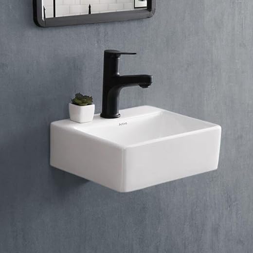 Artiva Ceramic Wall Mount Wash Basin For Bathroom/Small Size Counter Top Glossy Finish Wash Basin/Rectangle Shape (White Color, 13×14 Inch)