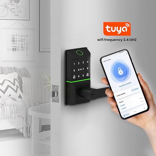 Miniatura 5 de Cerradura de puerta inteligente sin llave con huella digital biométrica, código de acceso, tarjeta IC y desbloqueo de llave. Bluetooth y Wi-Fi