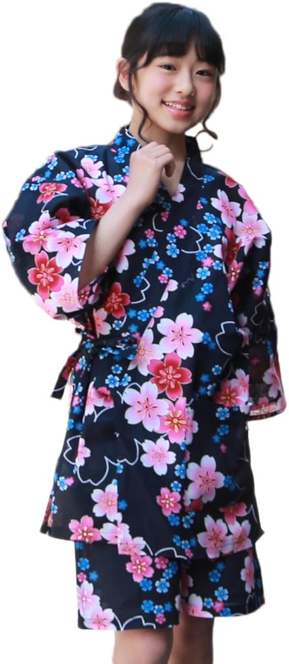 Amazon 甚平 レディース 濃紺地にピンク桜と青の小桜 M L 変わり織り女物甚平上下2点セット 甚平 通販