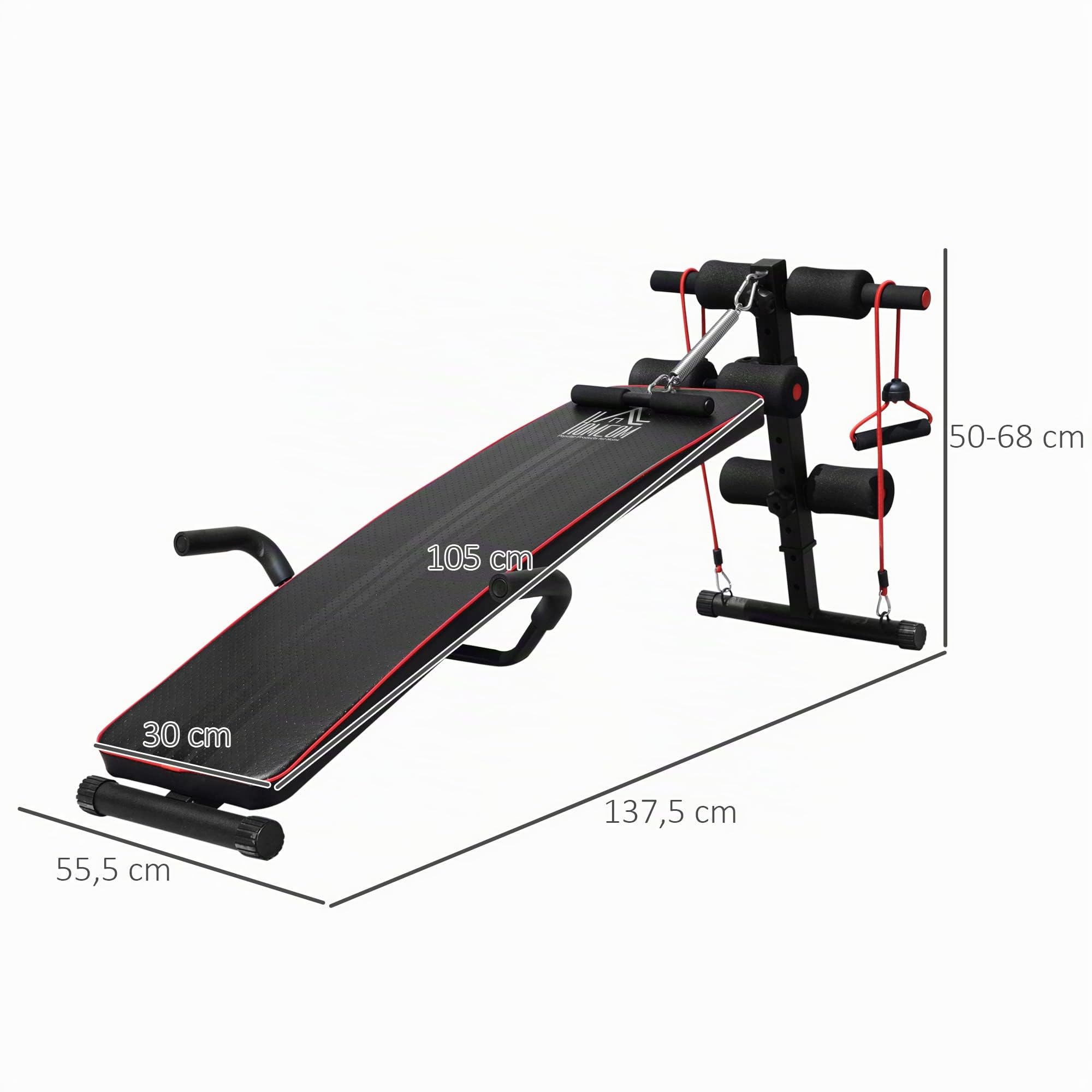 HOMCOM Banco de Abdominales Altura Ajustable Multifuncional Fitness 120kg | Banco de Musculación, Entrenamiento de Espalda Abdominal Piernas, 2 Cuerdas, 1 Tirador de Resorte