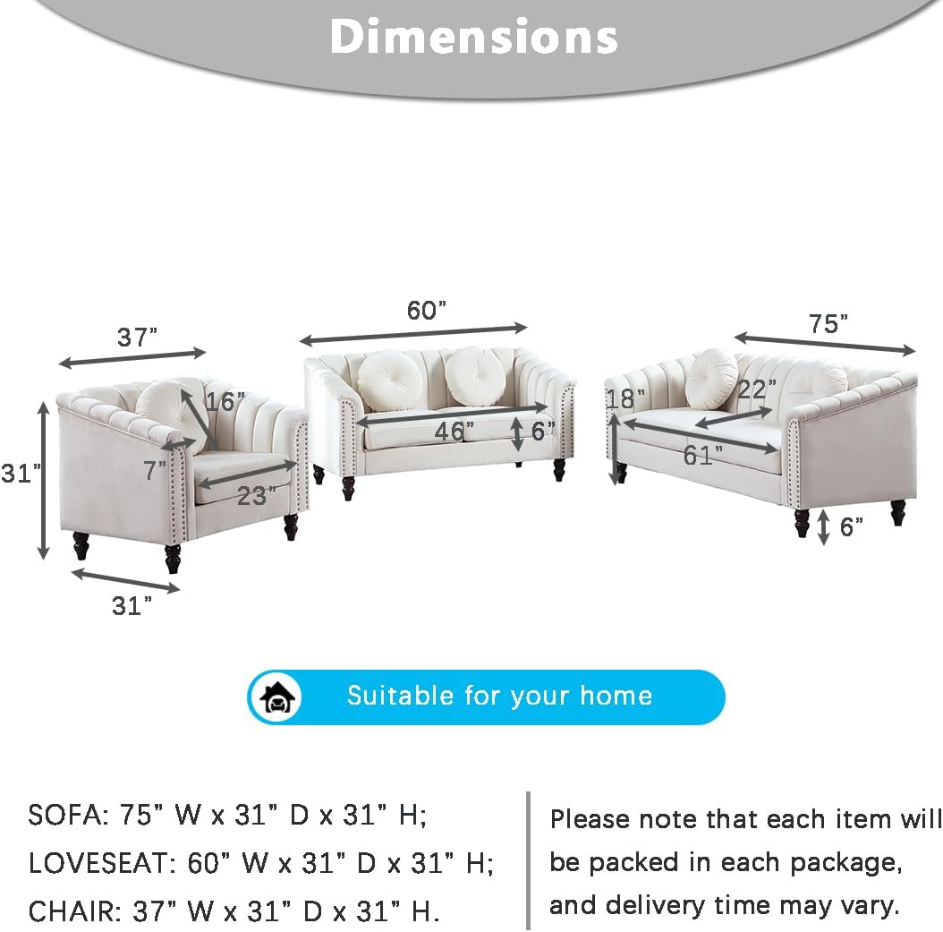 Living Room Furniture Set, Sectional Couches, Upholstered Flannel Loveseat Couch Set, Ivory White Modern Sofa Set with Toss Pillows for Living Room/Office (Ivory White, Loveseat+Chair)