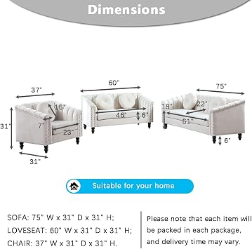 Living Room Furniture Set, Sectional Couches, Upholstered Flannel Loveseat Couch Set, Ivory White Modern Sofa Set with Toss Pillows for Living Room/Office (Ivory White, Loveseat+Chair)