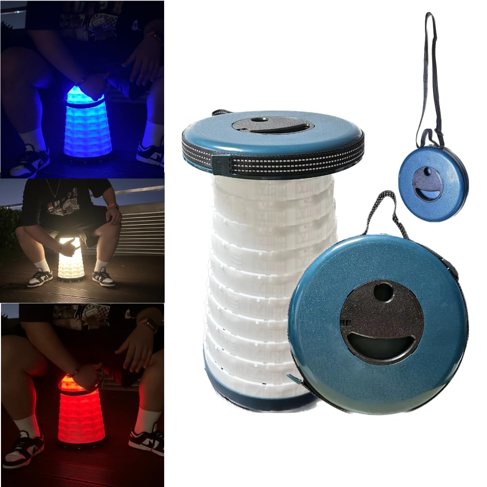 Collapsible Anti-Stuck Stool Portable Stool Folding Stool with LED Light Load Capacity 440lbs for Outdoor Camping Hiking BBQ Travelling Fishing Outdoor Indoor(Blue)