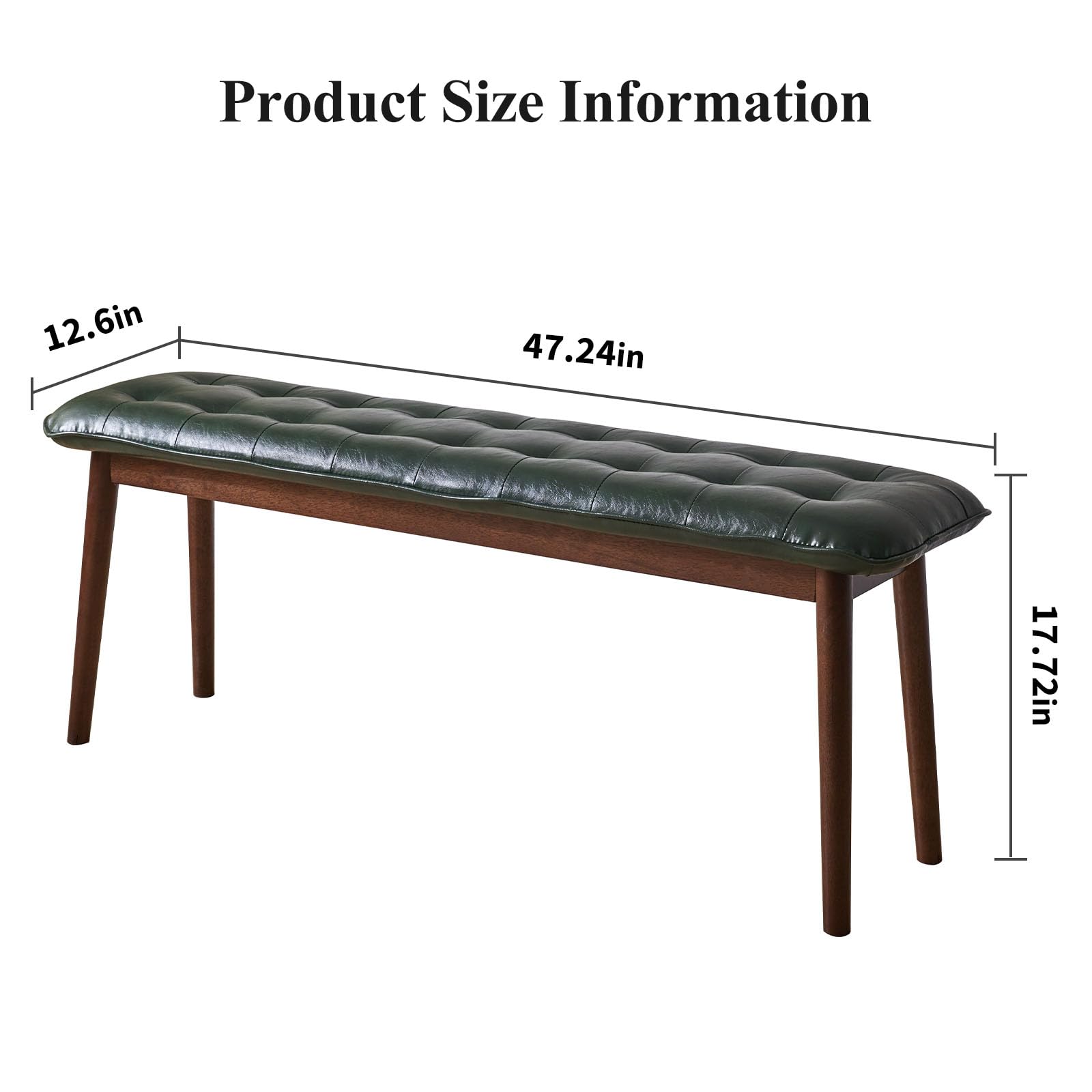 Eingangsbank, Esszimmerbank aus Massivholz, Mid-Century Bank für das Ende des Bettes mit gepolstertem PU-Ledersitz, Schlafzimmerbank, 120 cm L x 32 cm B x 45 cm H （Grün）