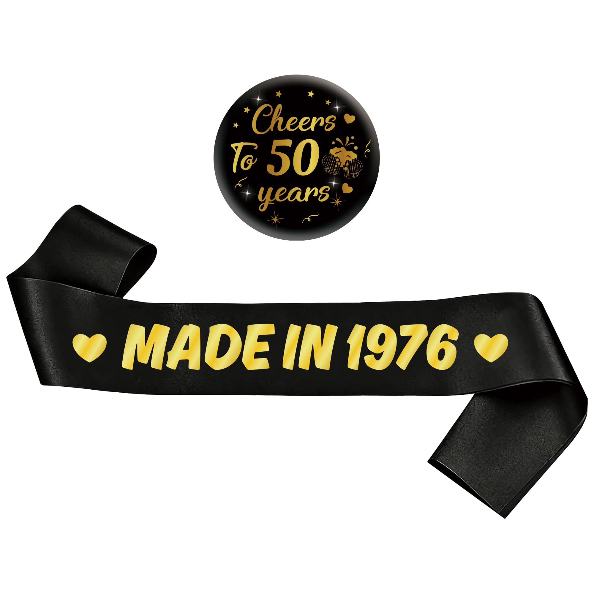Bcxiuso 50th Birthday Decorations Gift Men - 2 Pcs Black Gold Made In 1976 Sash Cheers to 50 Years Pin Badge Party decor Supplies for Him 50 Year Old Birthday Gift Accessories