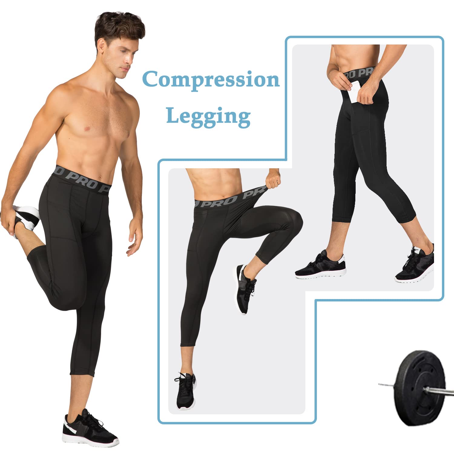 Leggings de Compression 3/4 pour Homme avec Poche Séchage Rapide Leggings de Sport Pantalon de Base Layer Collant pour Basketball Fitness Jogging