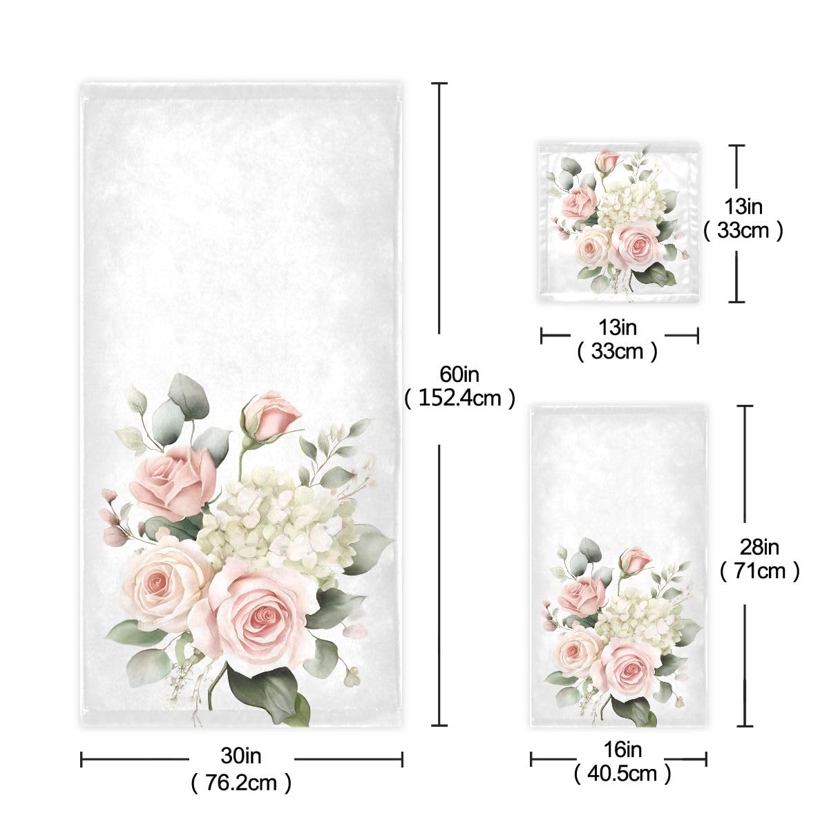 Bolaz Bath Towel Sets for Bathroom Hand Towels Fingertip Towels Pink Rose & Hydrangea Flower 3 Piece Decorative Soft Cotton Absorbent