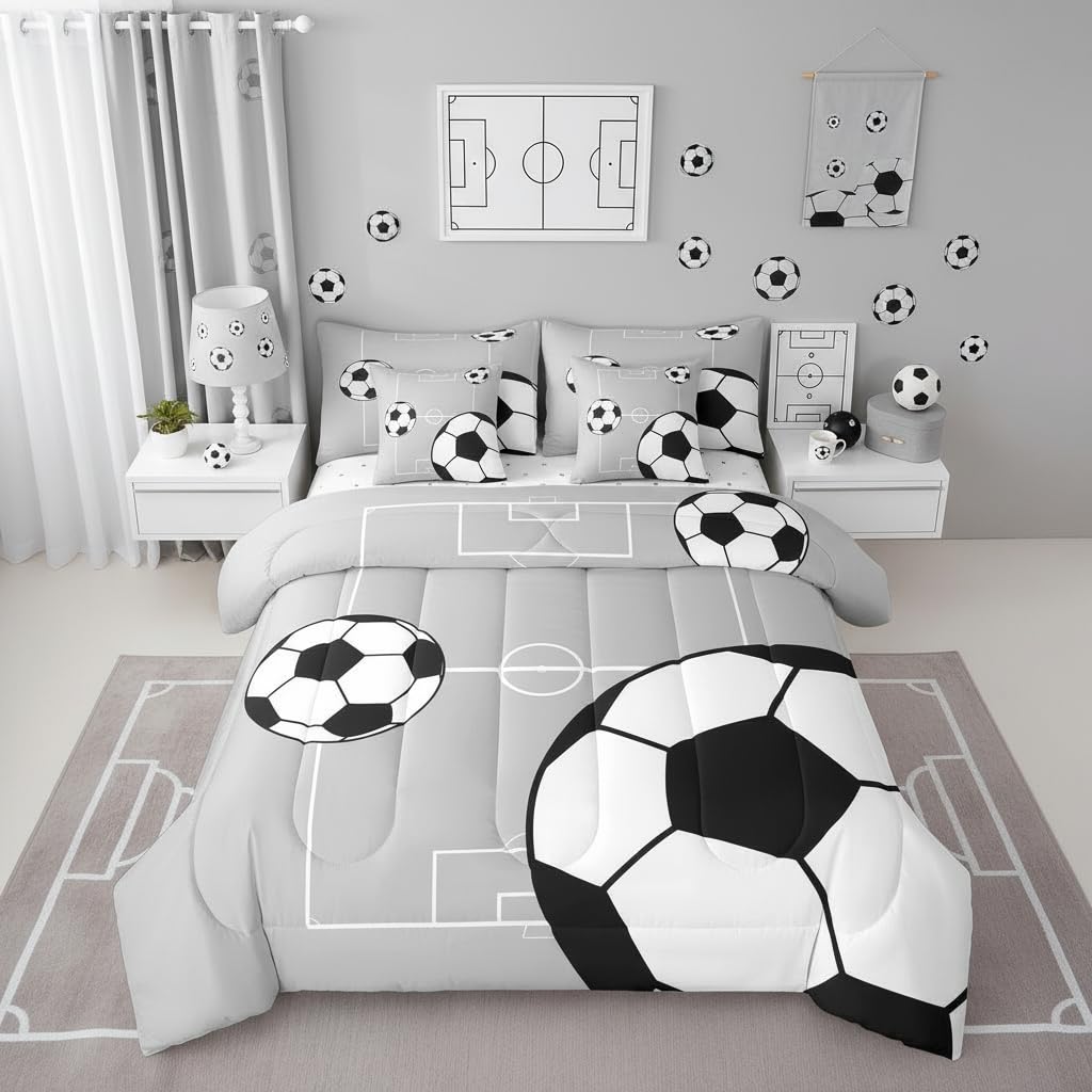 Erosebridal Football 7 Piece Bedding Set Twin Boys Sports Comforter Set with Sheets Soccer Ball Theme Playground Bed in a Bag Football Court Pattern Grey White for Kids Boys Girls