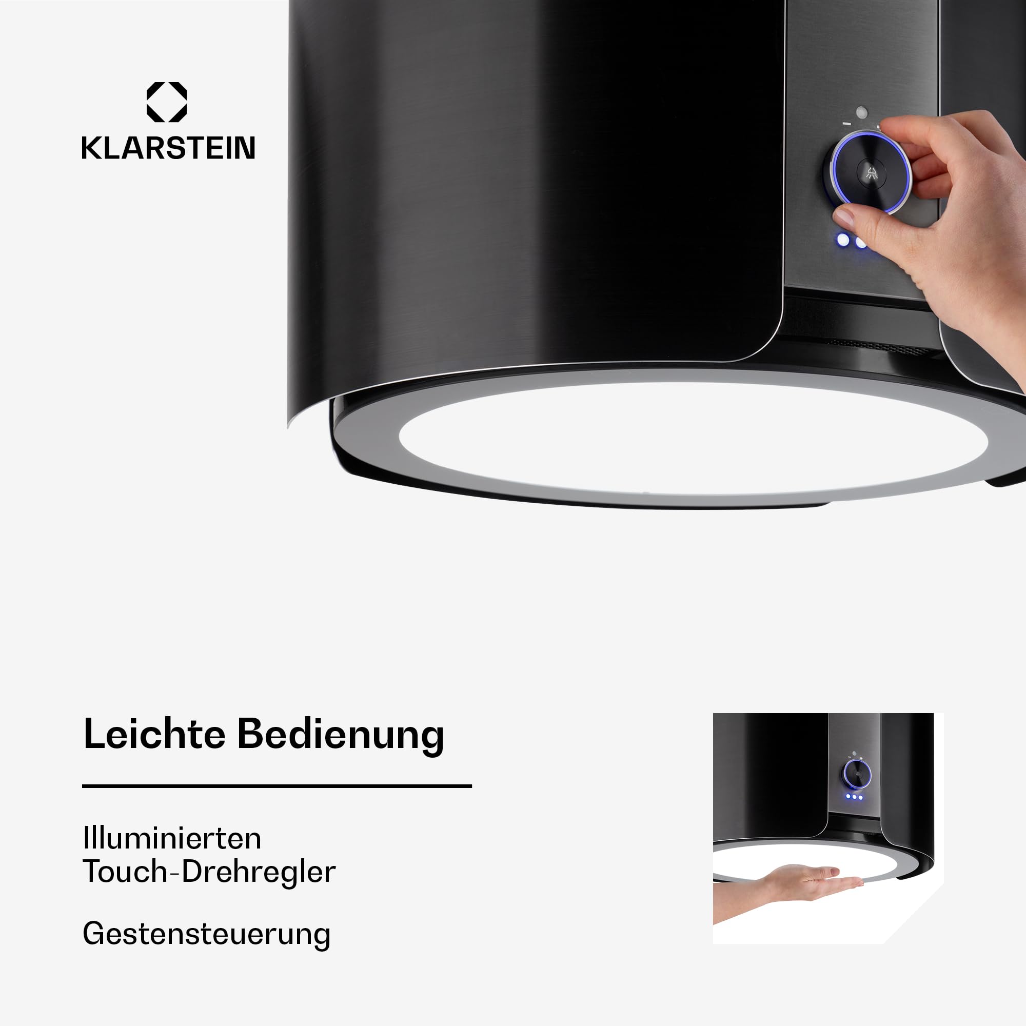 Klarstein Skyfall Smart Dunstabzugshaube freihängend Umluft Abluft App Gestensteuerung 45x42 cm 402 m³/h 200 W LED schwarz