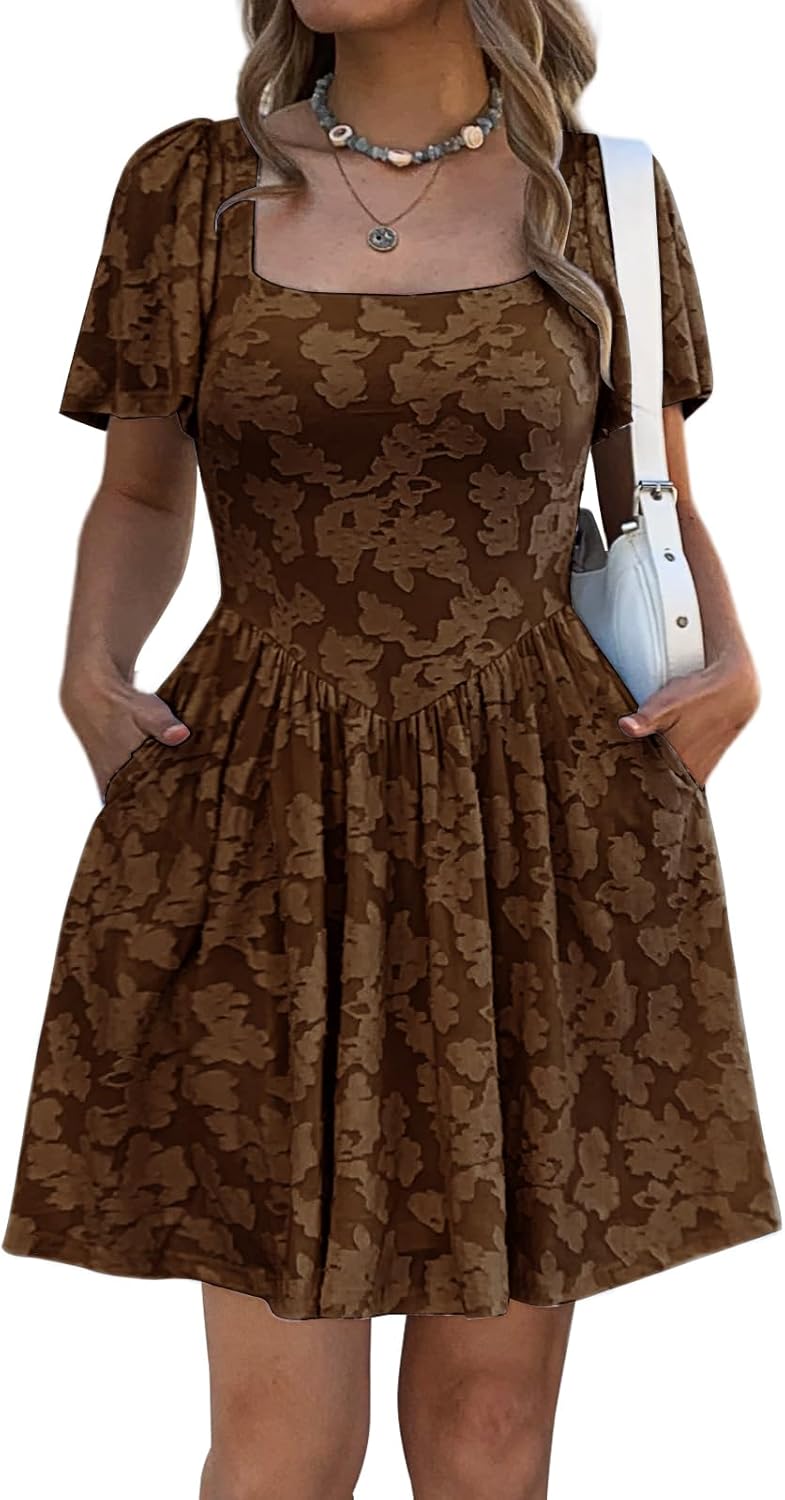 Women's Summer Floral Jacquard Square Neck Short Sleeve Mini Dress A-Line Casual Wedding Guest Dresses with Pockets