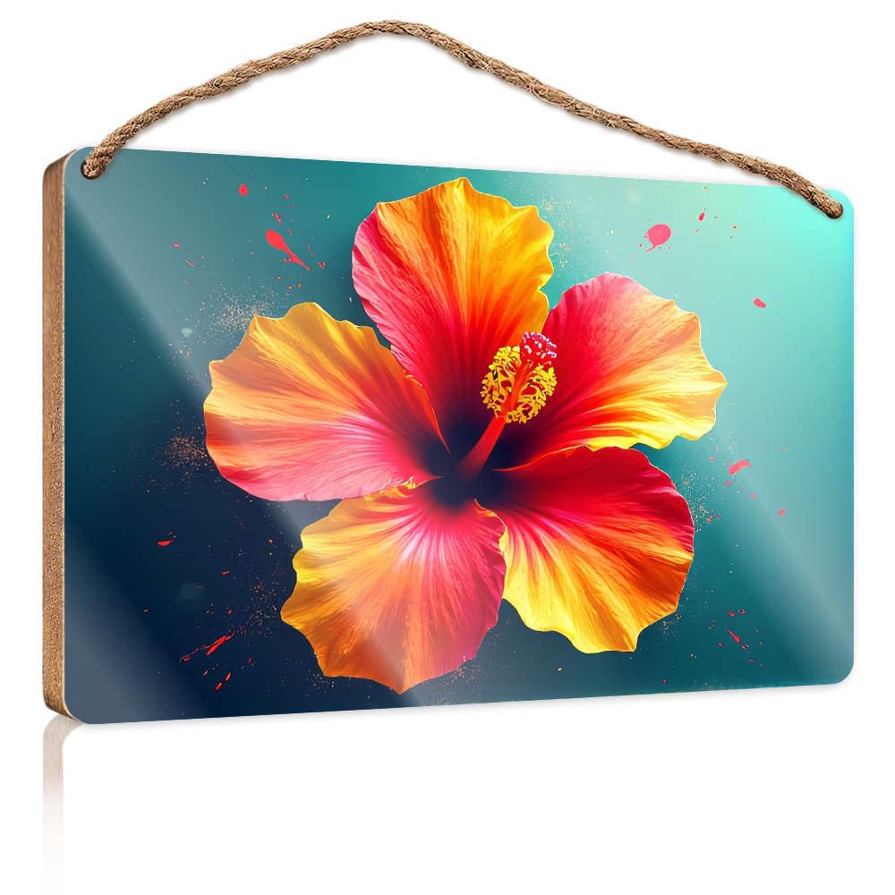 Home Hanging Sign A Vibrant Hibiscus Flower With Bold Red And Yellow Petals. Small Wooden Signs With Sayings Funky Home Decor(15X28CM)