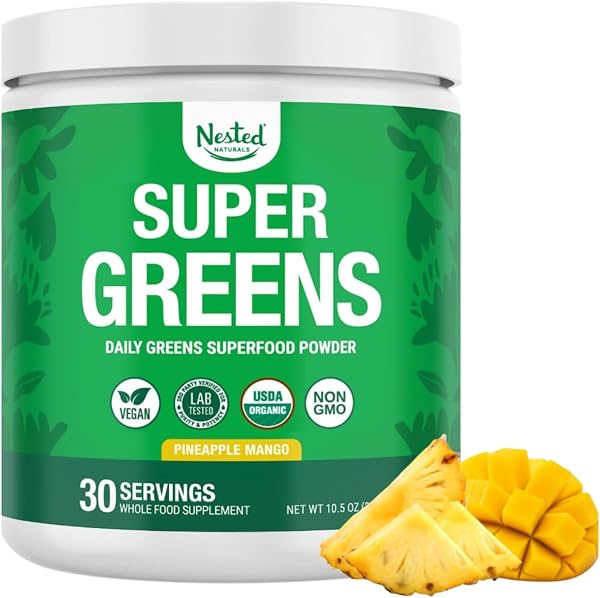 Nested Naturals Super Greens Daily Superfood Powder - Certified USDA Organic Green Powder w/Whole Foods, Spirulina, Wheat & Barley Grass - Probiotics, Fiber & Enzymes - Pineapple Mango, 30 Servings