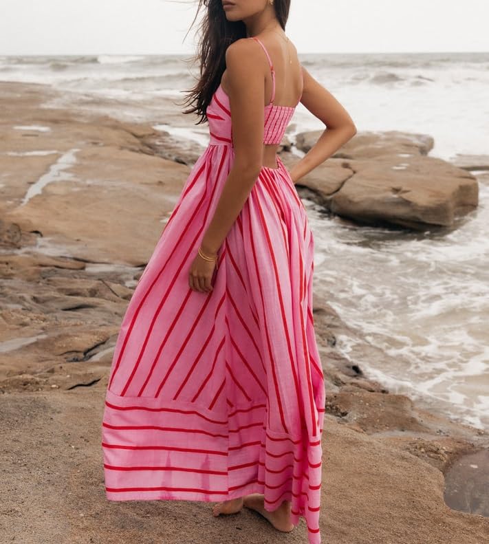 Image of KMBANGI Women Striped Sleeveless Maxi Dress Swing Patchwork Midi Dress Smocked Spaghetti Strap Colorful Long Sundress
