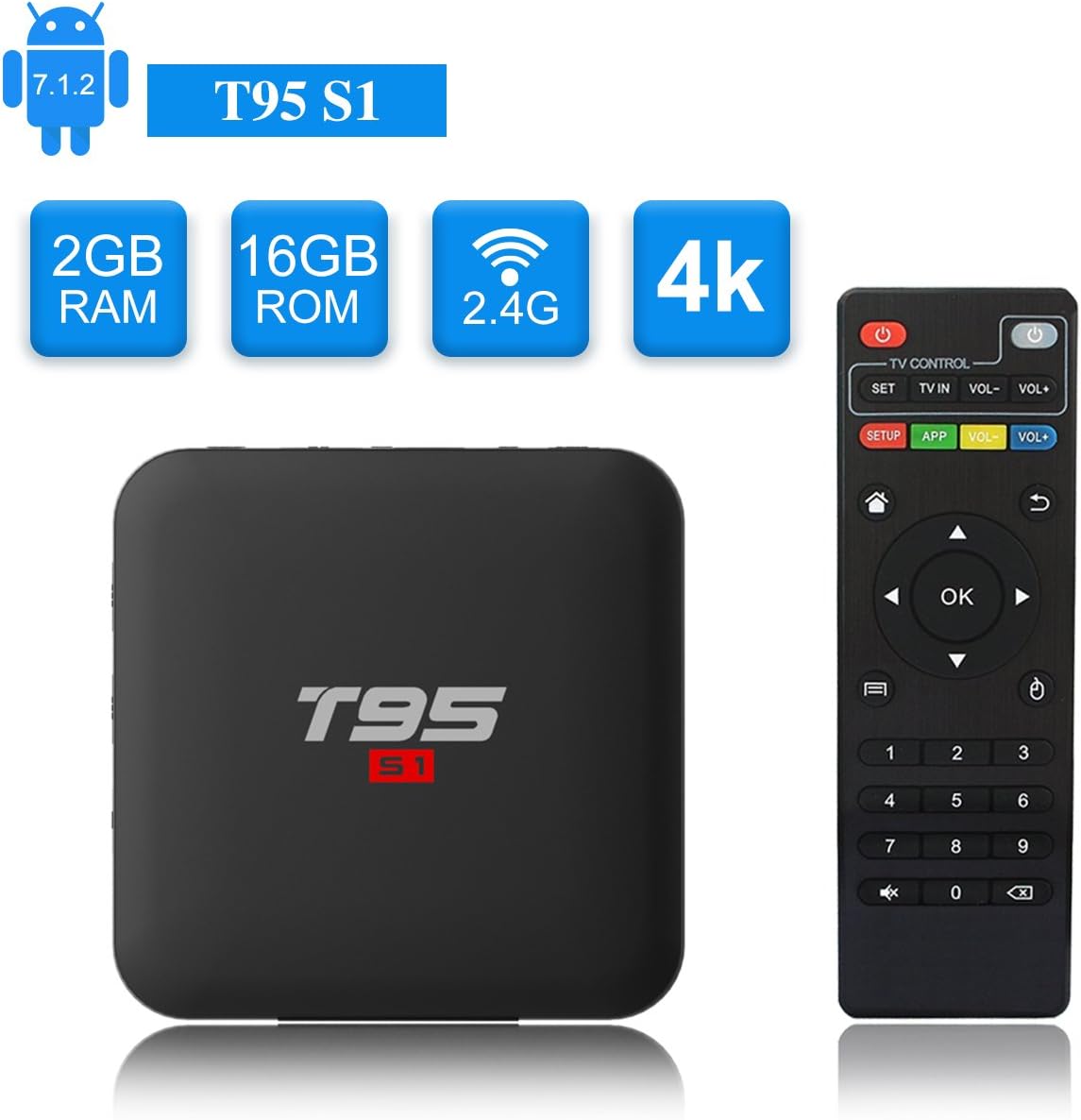 T95 S1 Android TV BOX, Android 7.1 Amlogic S905W Quad Core 2GB/16GB with Digital Display HD Ultra HD 4K Ethernet 2.4GHz Wifi H.265 Video Decoder