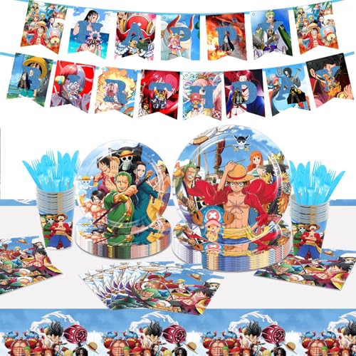 112PCS One Piece Birthday Party Supplies - 1 Banner 20 9 - inch Plates 20 7 - inch Plates 20 Cups 1 Tablecloth 20 Napkins 30 Spoons + Forks + Knives