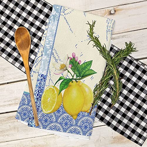 Beisseid Lemon Kitchen Towels Set Of 2 Flower Dish Towels Dishcloth Fingertip Hand Towels Cloth Blue Porcelain Retro Soft Cotton Tea Toweld #TOP3