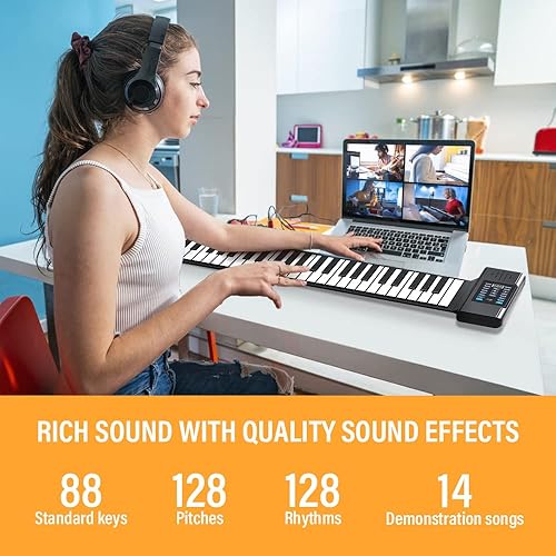 Miniatura 2 de KONIX 88 Keys Roll Up Piano, Upgraded Portable Rechargeable Hand Roll Piano Keyboard, 128 Rhythms, 128 Tones, Roll Out Keyboard Piano with LED