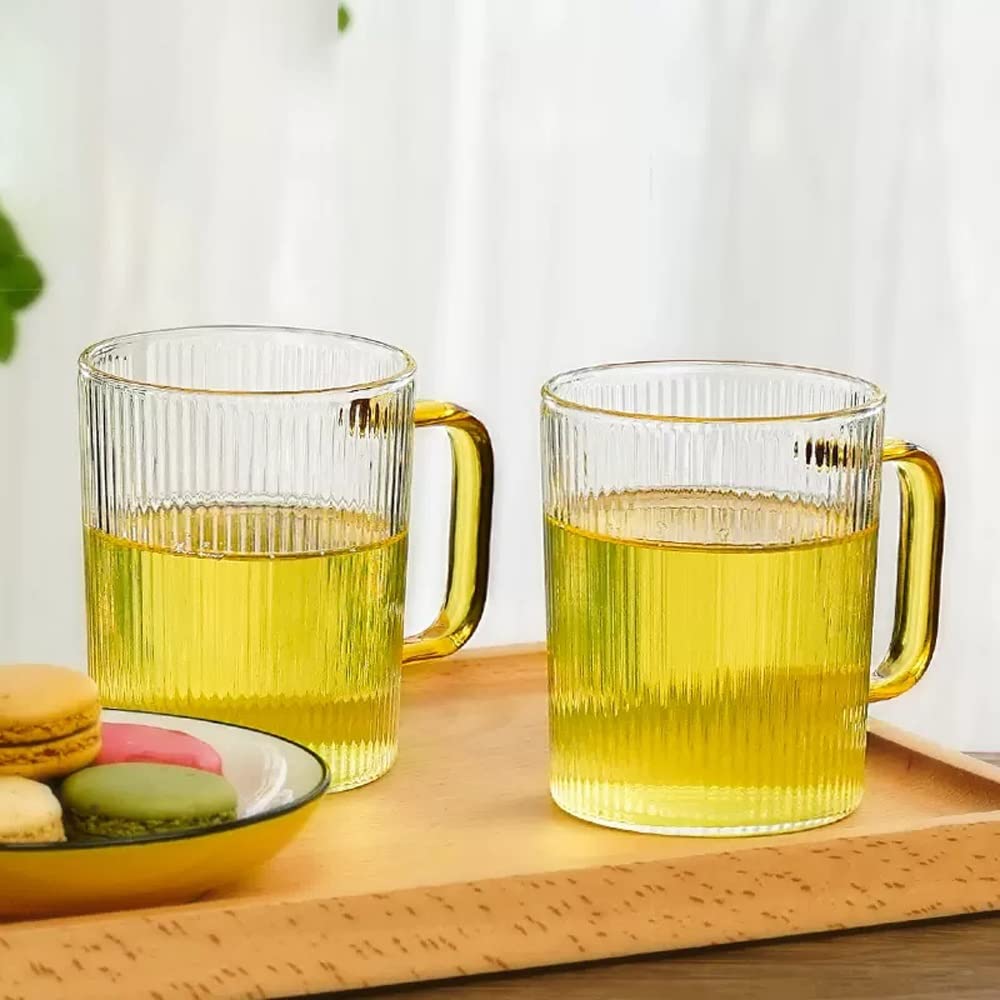 Tasse En Verre, Tasse À Thé En Verre Sans Plomb De Grande Capacité 2 Ensembles De Tasses En Verre Avec Rayures Verticales Et Poignées, Convient For L'eau, Le Lait, Le Café, Le Thé, 340ML