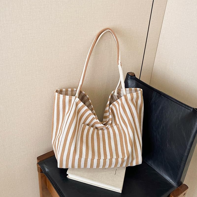 Women Striped Shoulder Bag Simple Carrying Bag Large Capacity Vertical Stripe Tote Bag Lightweight Stylish Shoulder Purse Can4