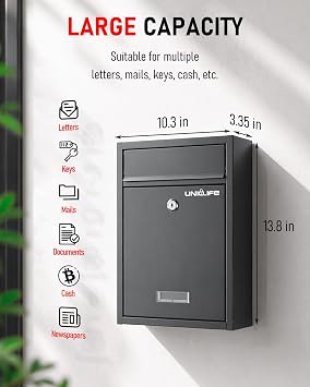 Uniclife Wall Mount Mailbox for Outside, Locking Mail Box, Black