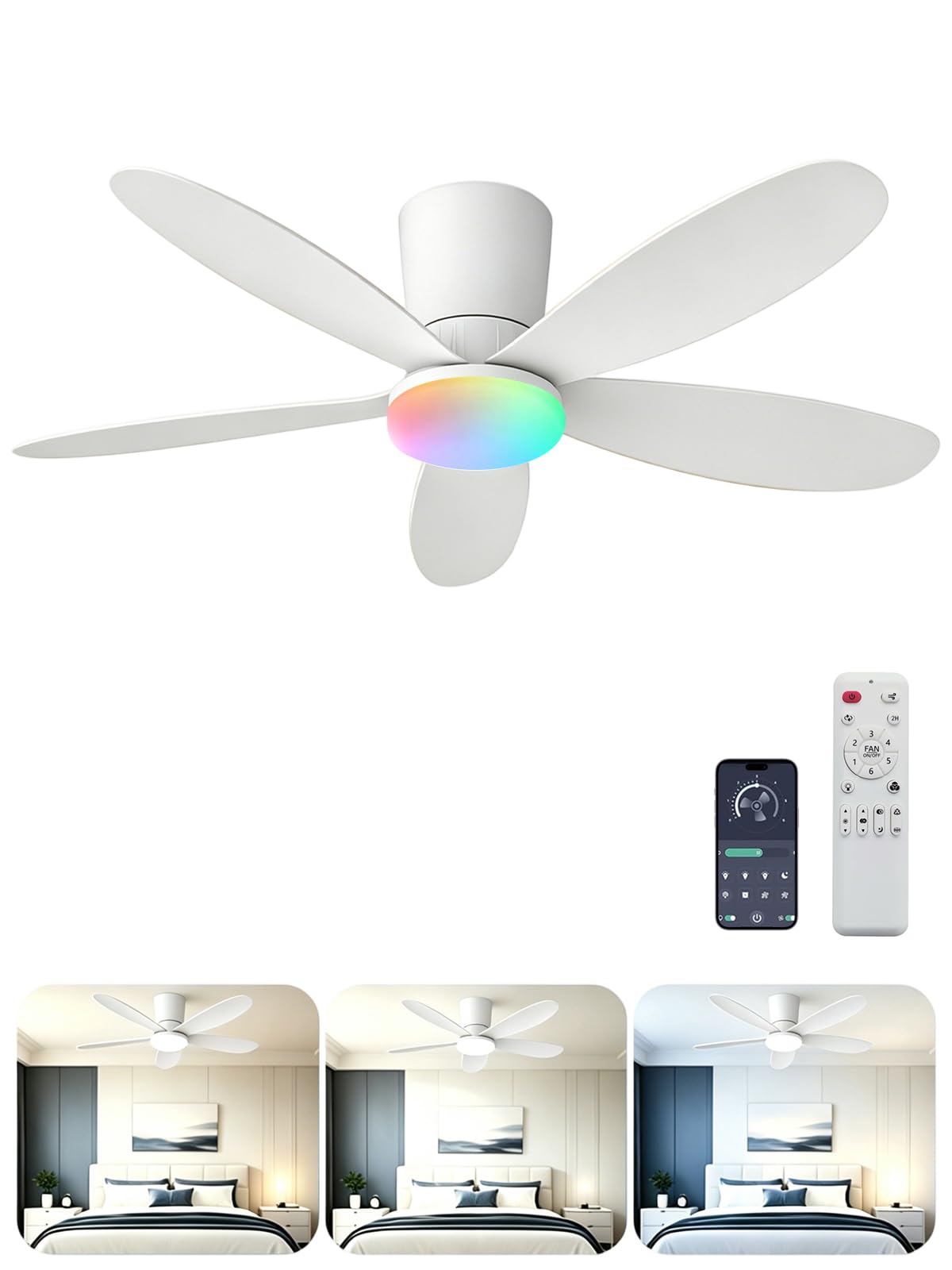 【APP+RGB】Ventiladores de Techo con Luz Silencioso 42'' y control remoto | Función Verano/Invierno,30W, Temporizador, 6 Velocidades, RGB Regulable, Función Verano/Invierno para Dormitorio Salon Cocina