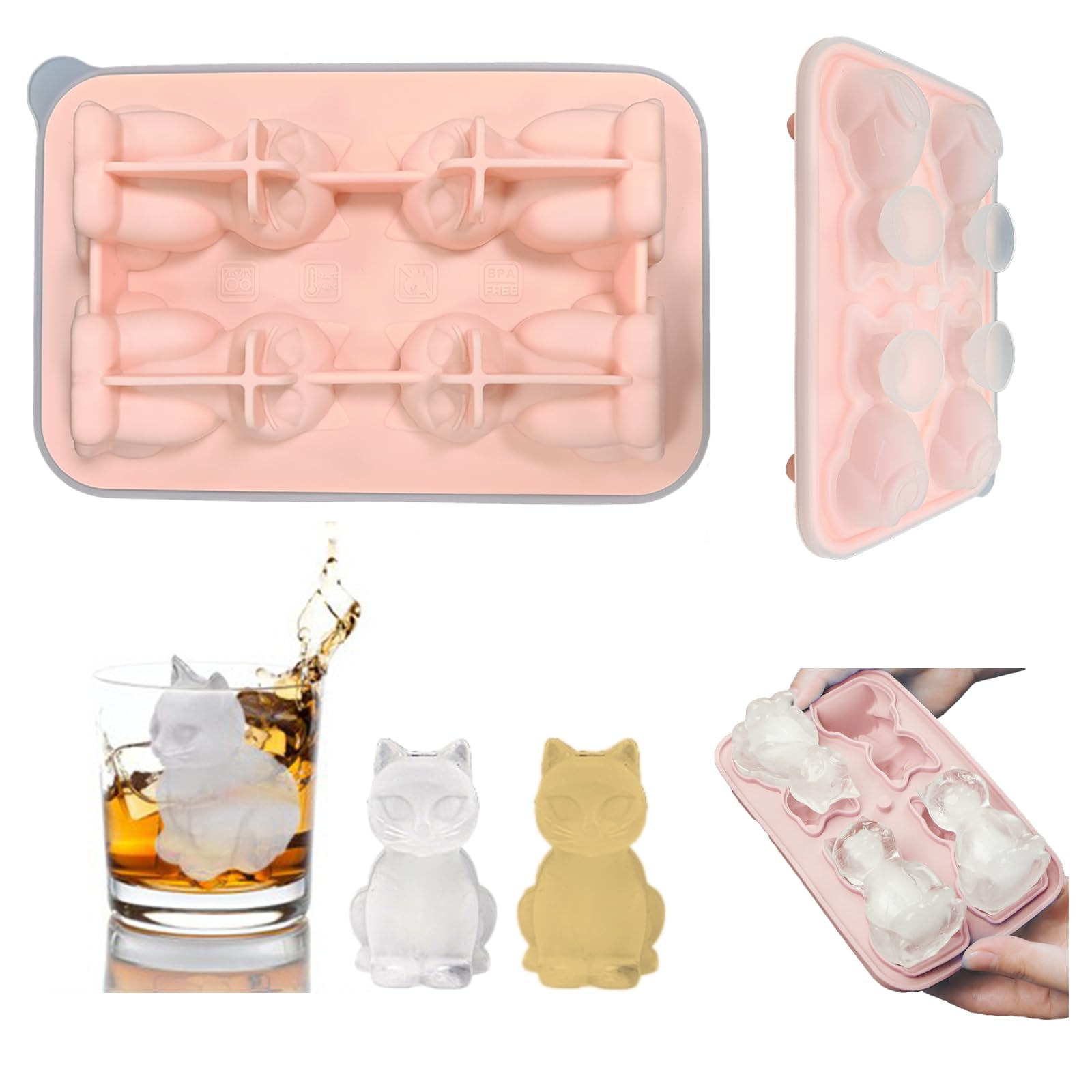 Produktbild von Katzenförmige Silikon-Eiswürfelformen – 8 Förmchen (4 Designs), BPA-frei, Spülmaschinengeeignet