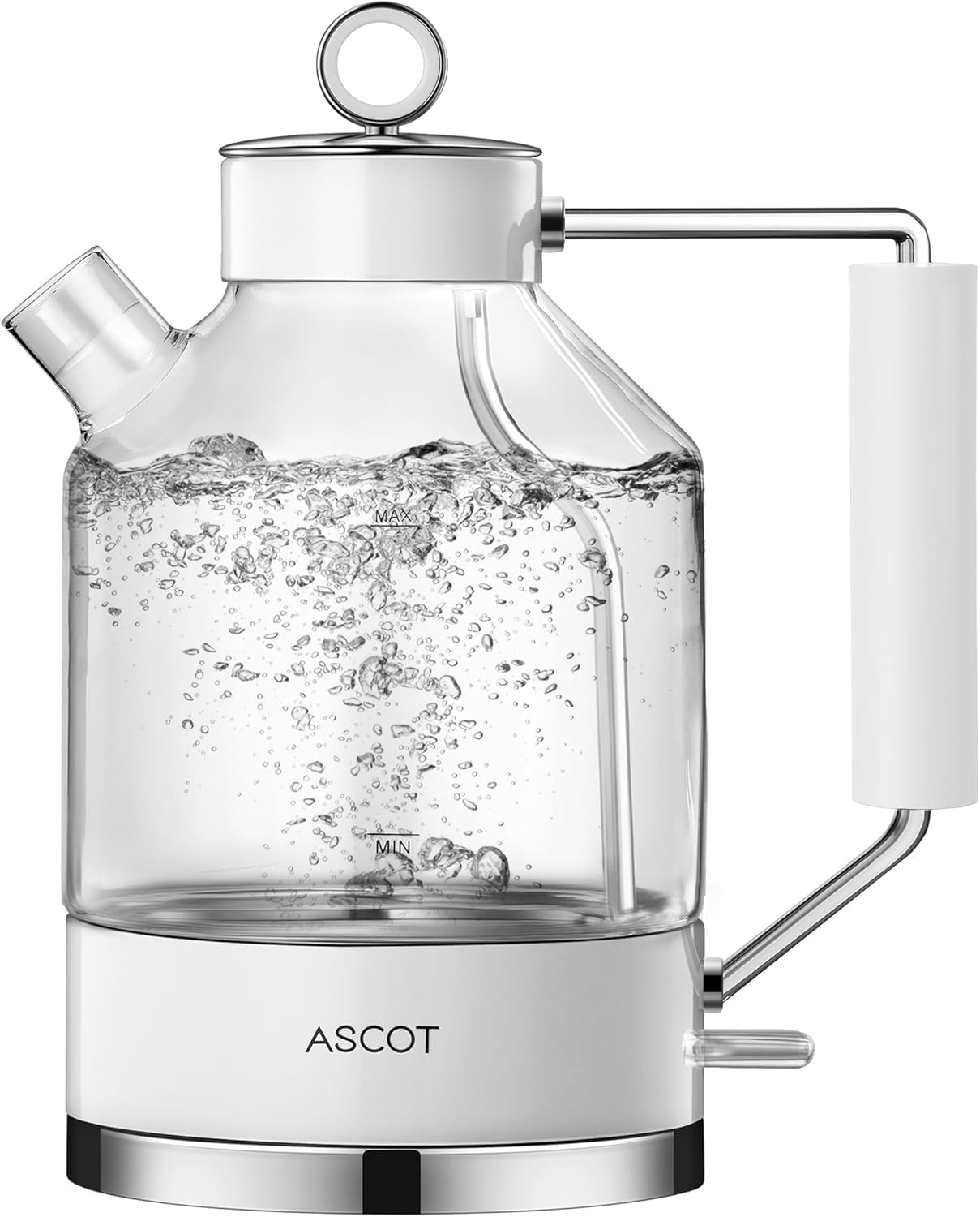 Electric Kettle, ASCOT Glass Electric Tea Kettle 1.5L 2200W Tea Heater & Hot Water Boiler, Borosilicate Glass, BPA-Free, Auto Shut-Off, Boil-Dry Protection White