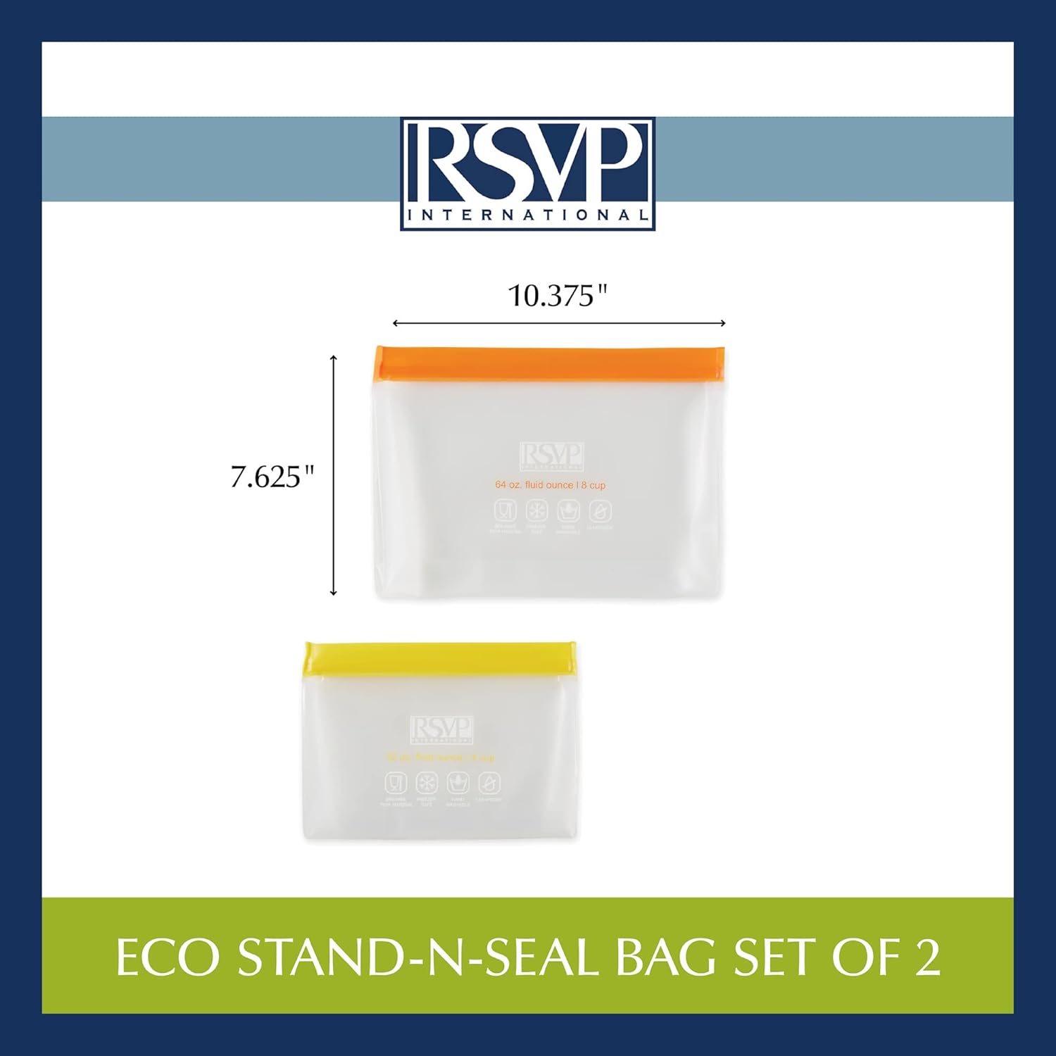 RSVP International Reusable Food Storage Collection ECO Seal Bags, Stand-N-Seal Set, Orange/Yellow